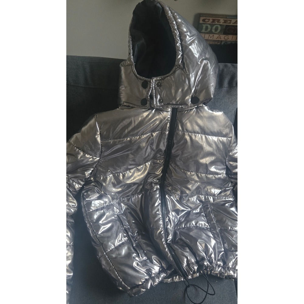 Modx Metallic Silver Puffer Jacket Hooded Zip Up Drawstring Size M - Picture 2 of 2